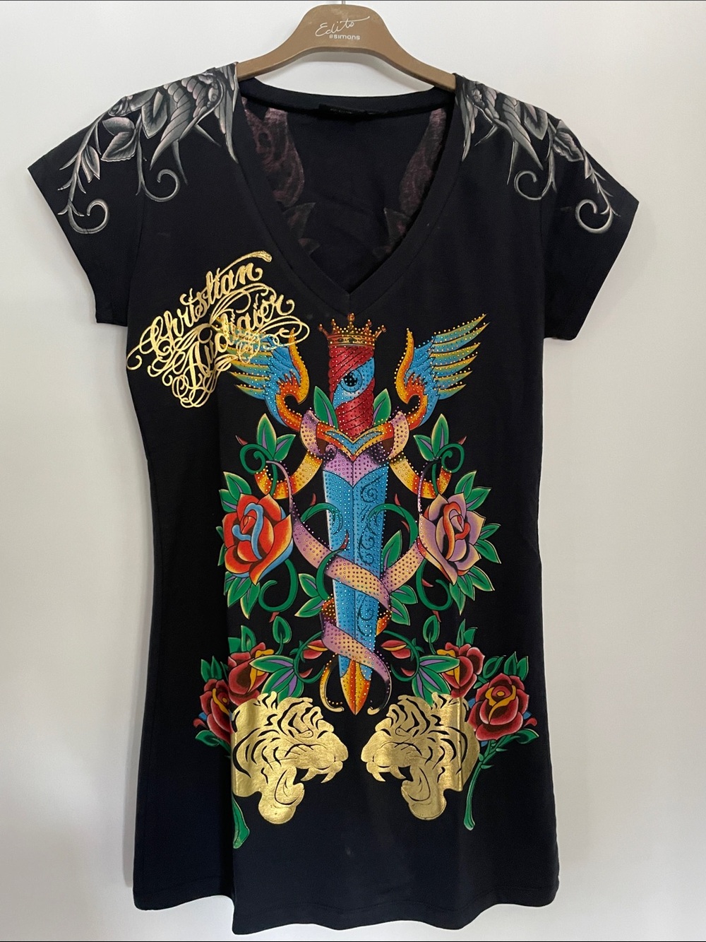 Christian Audigier Ed Hardy Tunic Tee with Gold Tiger and Buddha Detail NWOT M